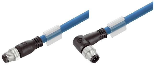 Derékszögű és egyenes elektromos csatlakozók kék kábeleken, ipari alkalmazásokhoz megfelelő csatlakozó kialakítások.