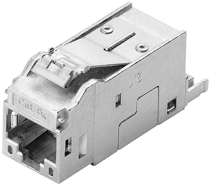 Egy Category 6a típusú ezüst RJ45 hálózati csatlakozó speciális fémárnyékolással az elektromágneses interferenciák csökkentése érdekében.