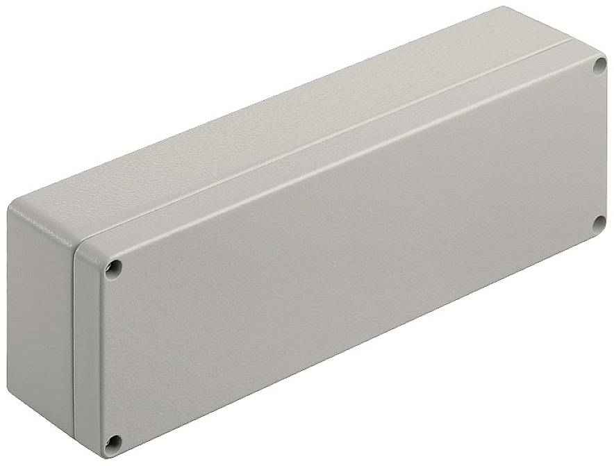 Téglalap alakú, szürke alumíniumdoboz rögzítőcsavarokkal, elektrotechnikai alkalmazásokhoz megfelelő.
