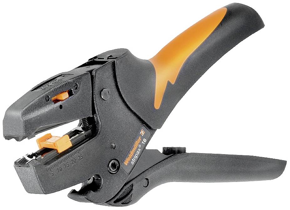 Automata kábelhámozó fogó fekete és narancssárga markolattal. Alkalmas különböző vastagságú kábelek szigetelésének eltávolítására.