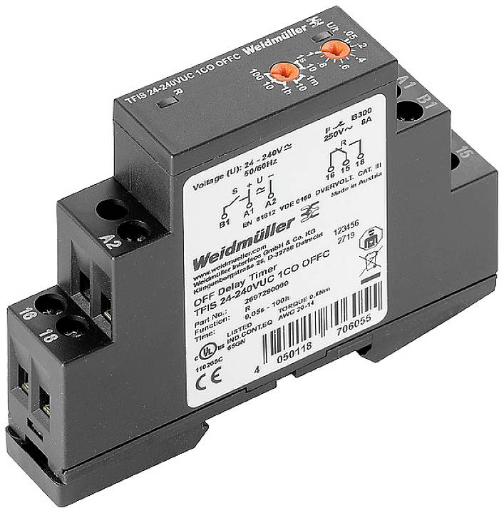 Egy Weidmüller gyártmányú elektronikus időrelé, többféle csatlakozóval és két narancssárga forgatógombbal a beállításhoz.