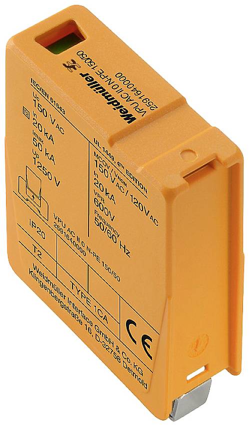Egy narancssárga színű elektromos modul a Weidmüllertől feszültségcsökkentésre, amelyen a '2801460000 Surge Protection' felirat szerepel.
