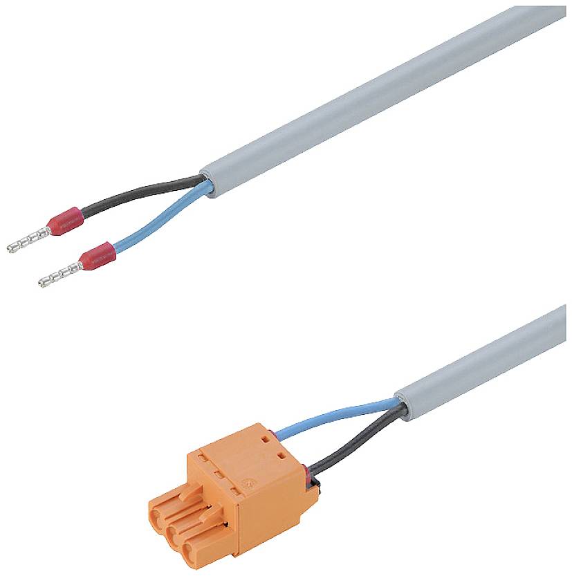 Egy szürke kábel kék és fekete erekkel, amely egy narancssárga csatlakozóban végződik. Alkalmas elektromos csatlakozásokhoz.