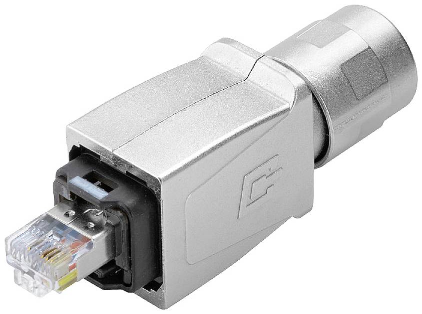 'Egy ezüstszínű Ethernet csatlakozóház elöl RJ45 porttal, hálózati kapcsolatokhoz használva.'