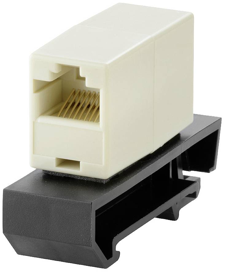 Egy Ethernet-csatlakozóadapter, amely RJ45-kapcsolatot tesz lehetővé, ipari alkalmazásokhoz készült DIN-sínre szerelve.