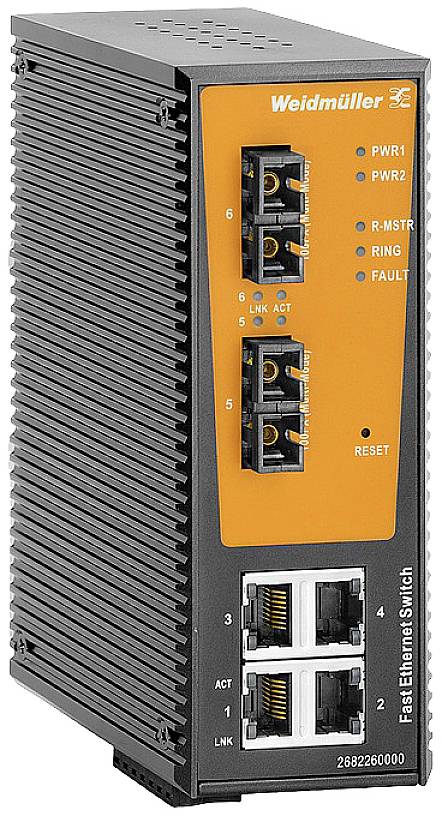 Egy Weidmüller ipari Fast Ethernet switch több Ethernet porttal és állapotjelzőkkel a tápellátás és a hálózati aktivitás jelzésére.