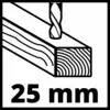 '25 mm' - Az illusztráció egy fúrót mutat, amely 25 mm mélységű lyukat fúr egy fadarabba.