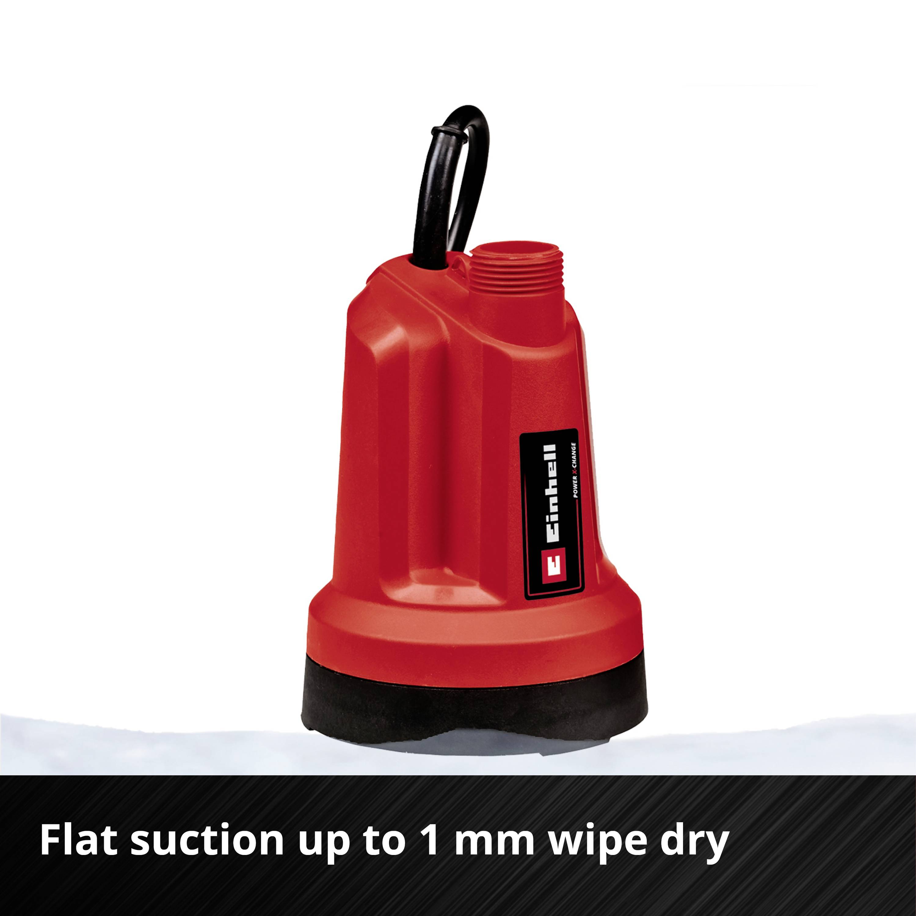 Fekete talpú piros szivattyú, 'Einhell' felirattal. Szöveg: 'Lapos szívóhatás 1 mm-ig, törlőrongy szárazságig'.