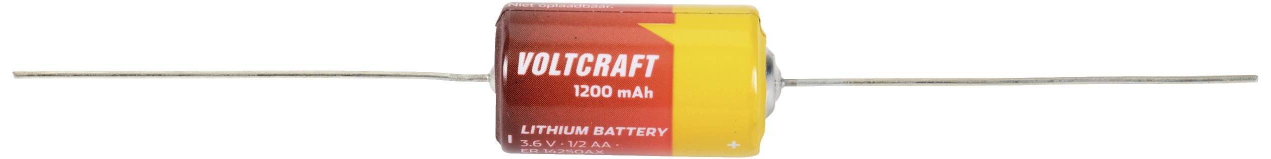 Piros és sárga hengeres lítium-akkumulátor 'Voltcraft 1000 mAh' felirattal, két hosszú csatlakozóvezetékkel.