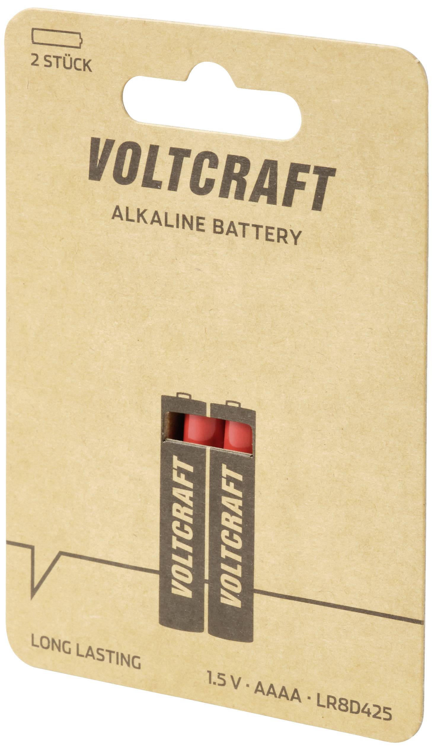 Két darab Voltcraft alkáli AAAA akkumulátort tartalmazó csomag, 1,5V. Felirata: 'HOSSZÚ ÉLETTARTAMÚ'.