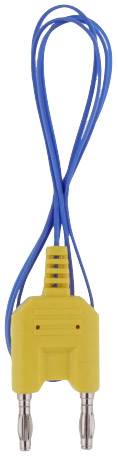 Sárga orvosi kábel két fémcsatlakozóval és kék kábellel, amely elektródák eszközhöz történő csatlakoztatására szolgál.