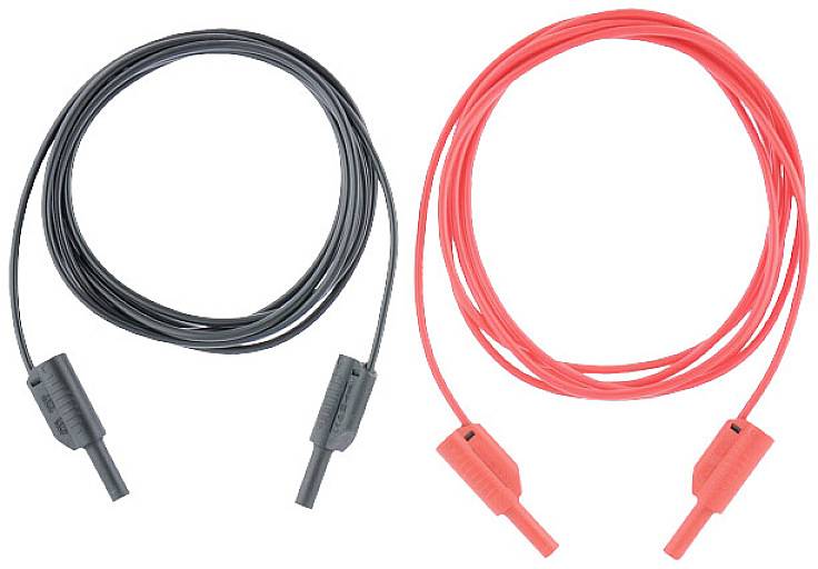 Két mérővezeték: egy fekete és egy piros. Mindkét végükön banándugasz van, amelyeket gyakran használnak elektronikai alkalmazásokban.