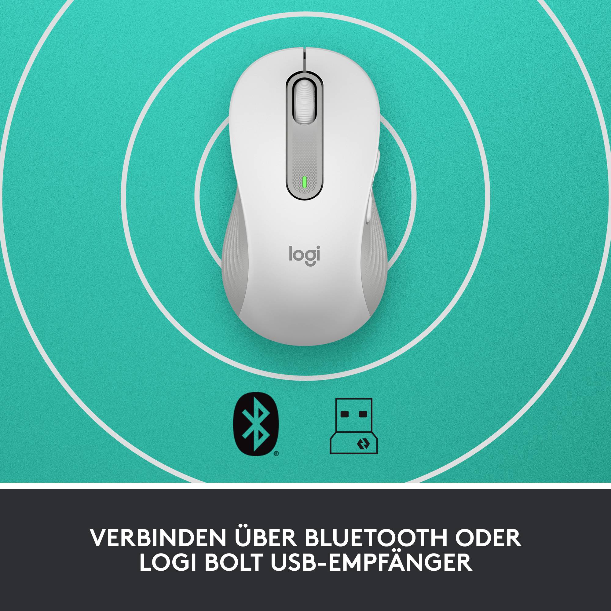 Fehér Logitech-egér zöld háttérrel, Bluetooth vagy Logi Bolt USB-vevő segítségével csatlakoztatva
