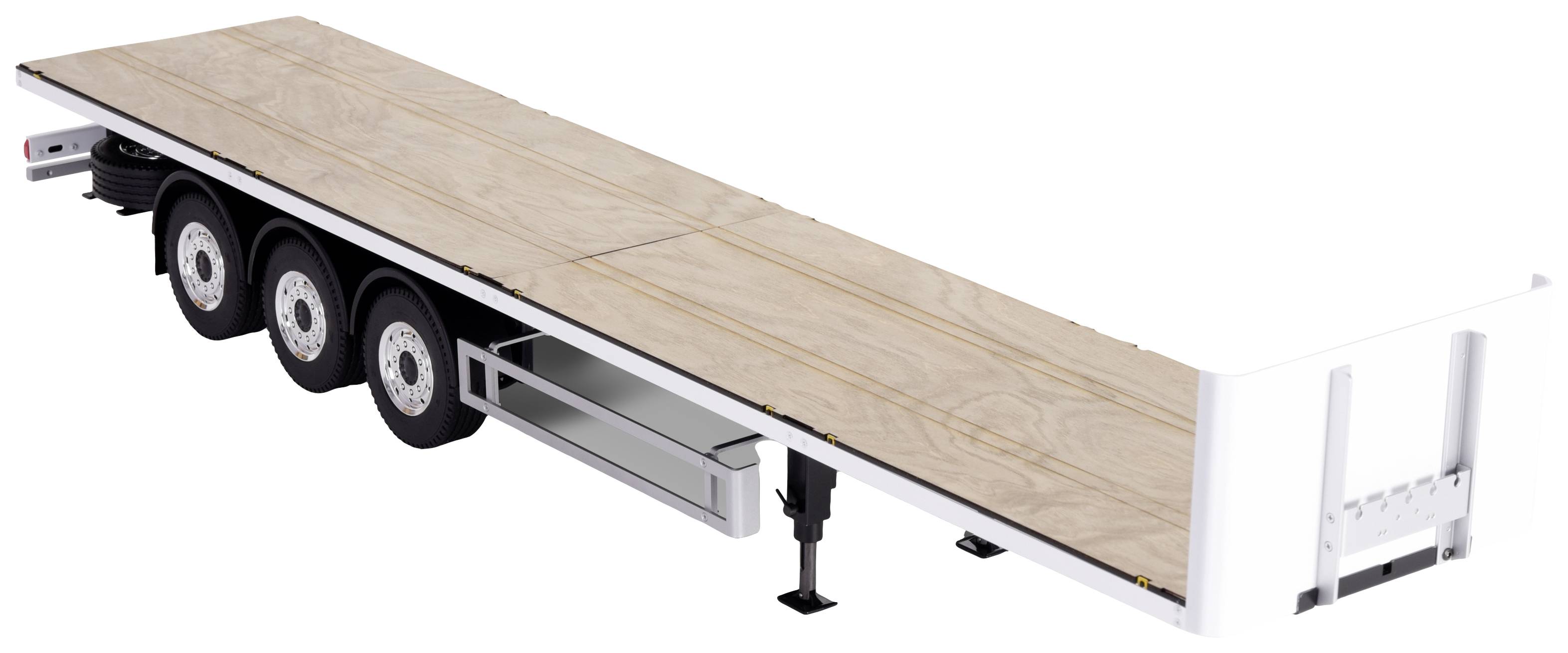 Lapos, háromtengelyes utánfutó világos fa rakfelülettel, alkalmas nagy terhek szállítására.