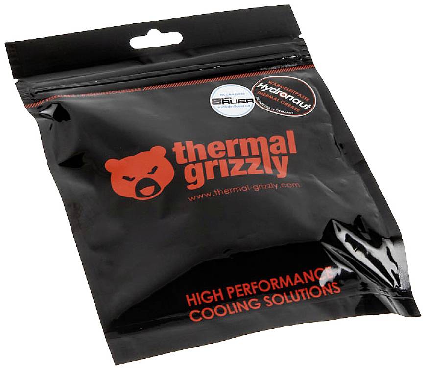 Fekete csomagolás a 'Thermal Grizzly Hydronaut' terméktől, amely nagy teljesítményű hűtési megoldásokat kínál számítógépekhez.
