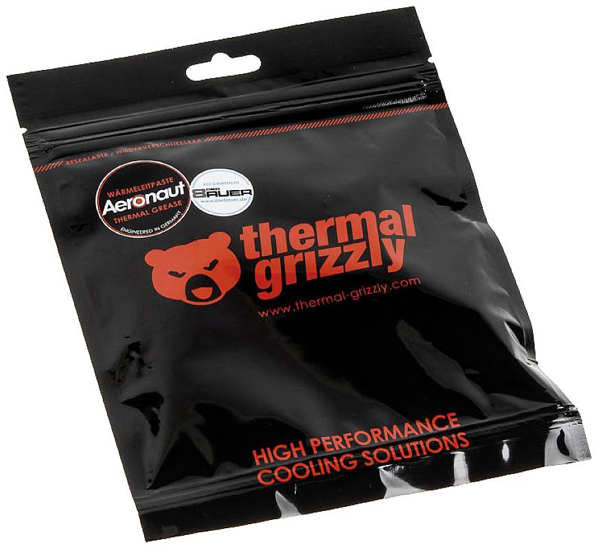 Egy fekete csomagolás piros 'thermal grizzly' logóval, amely 'Aeronaut' hőelvezető pasztát tartalmaz nagy teljesítményű hűtési alkalmazásokhoz.