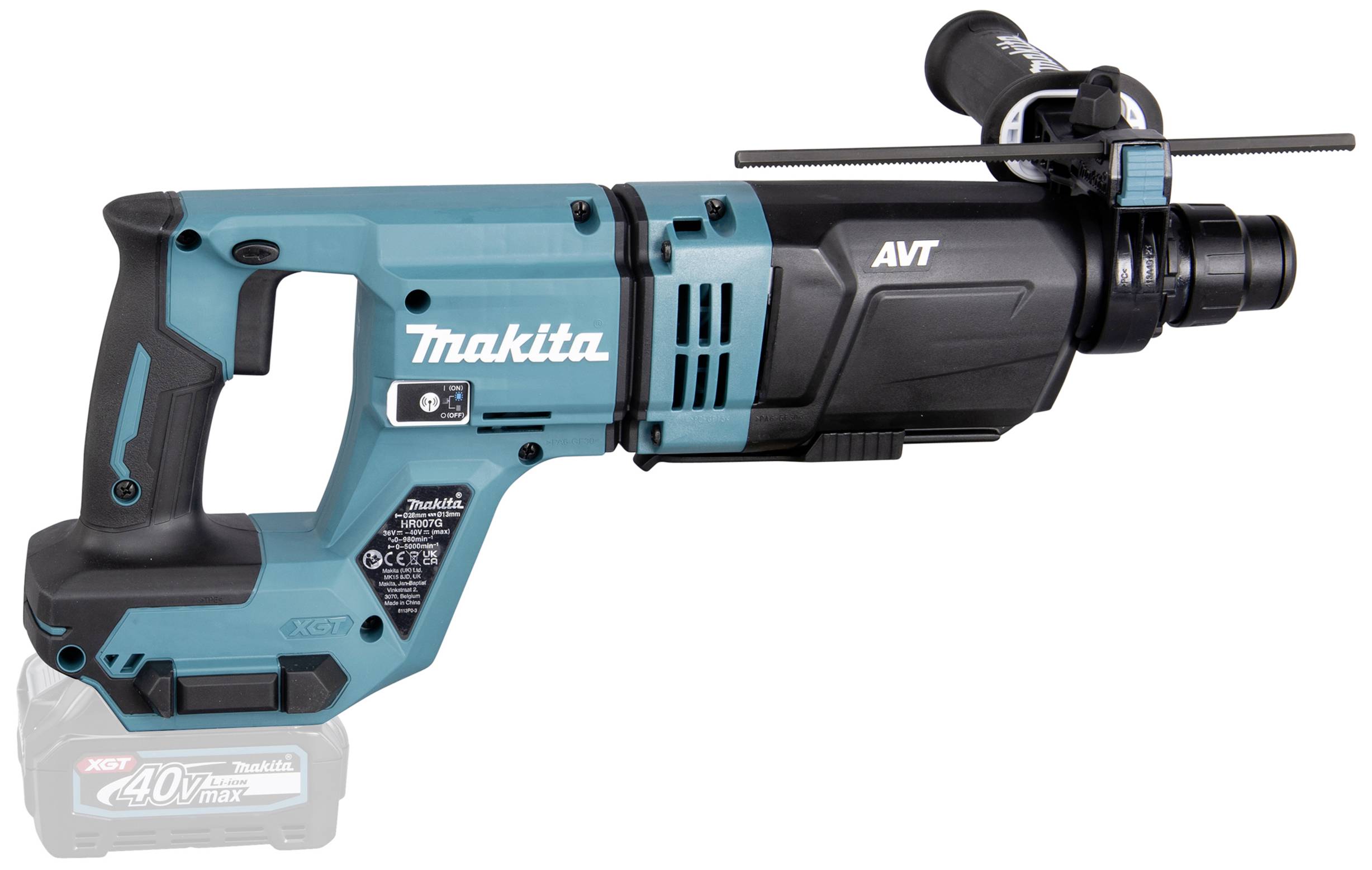 Egy vezeték nélküli, kék-fekete Makita fúrókalapács, AVT modell, ergonomikus markolattal és kiegészítő fogóval.