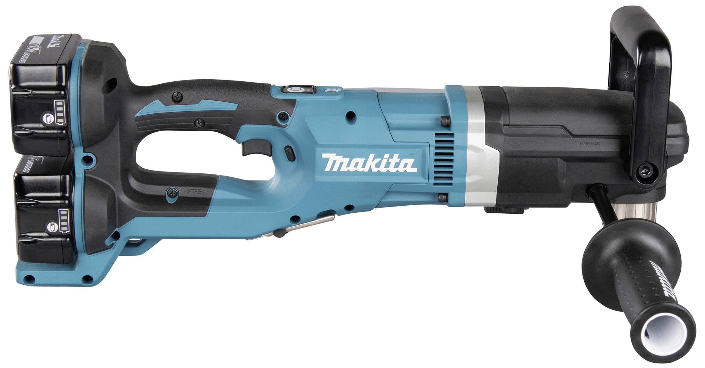 Egy kék Makita akkumulátoros elektromos szerszám két behelyezett akkumulátorral és egy fekete fogantyúval.