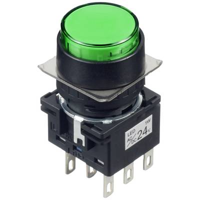 Egy zöld, kerek nyomógomb rögzítő bilincsekkel, alkalmas 24V-os LED-alkalmazásokhoz.