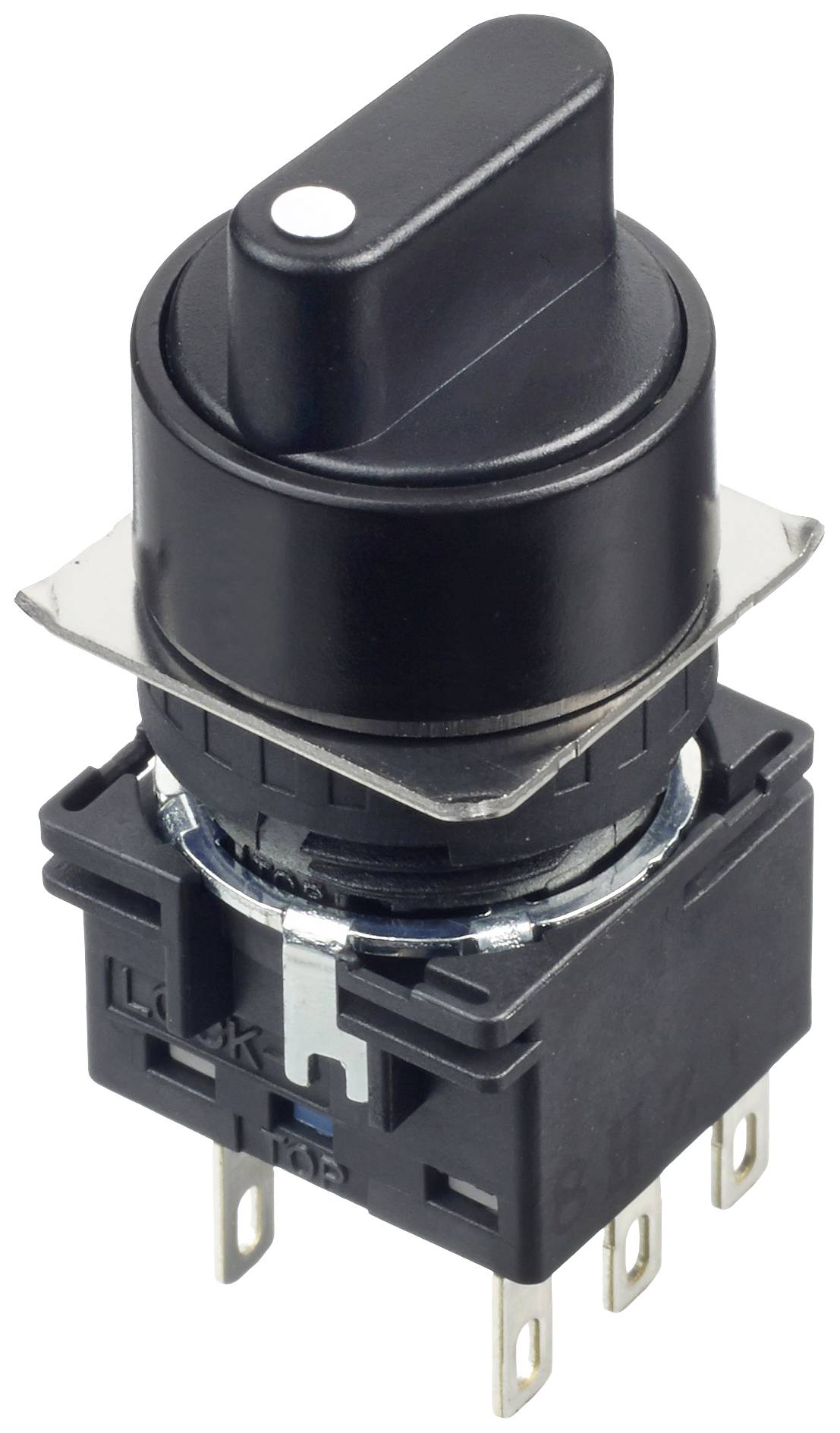 Egy fekete forgókapcsoló több csatlakozópinnel, elektronikus eszközök funkcióvezérlésére alkalmas.