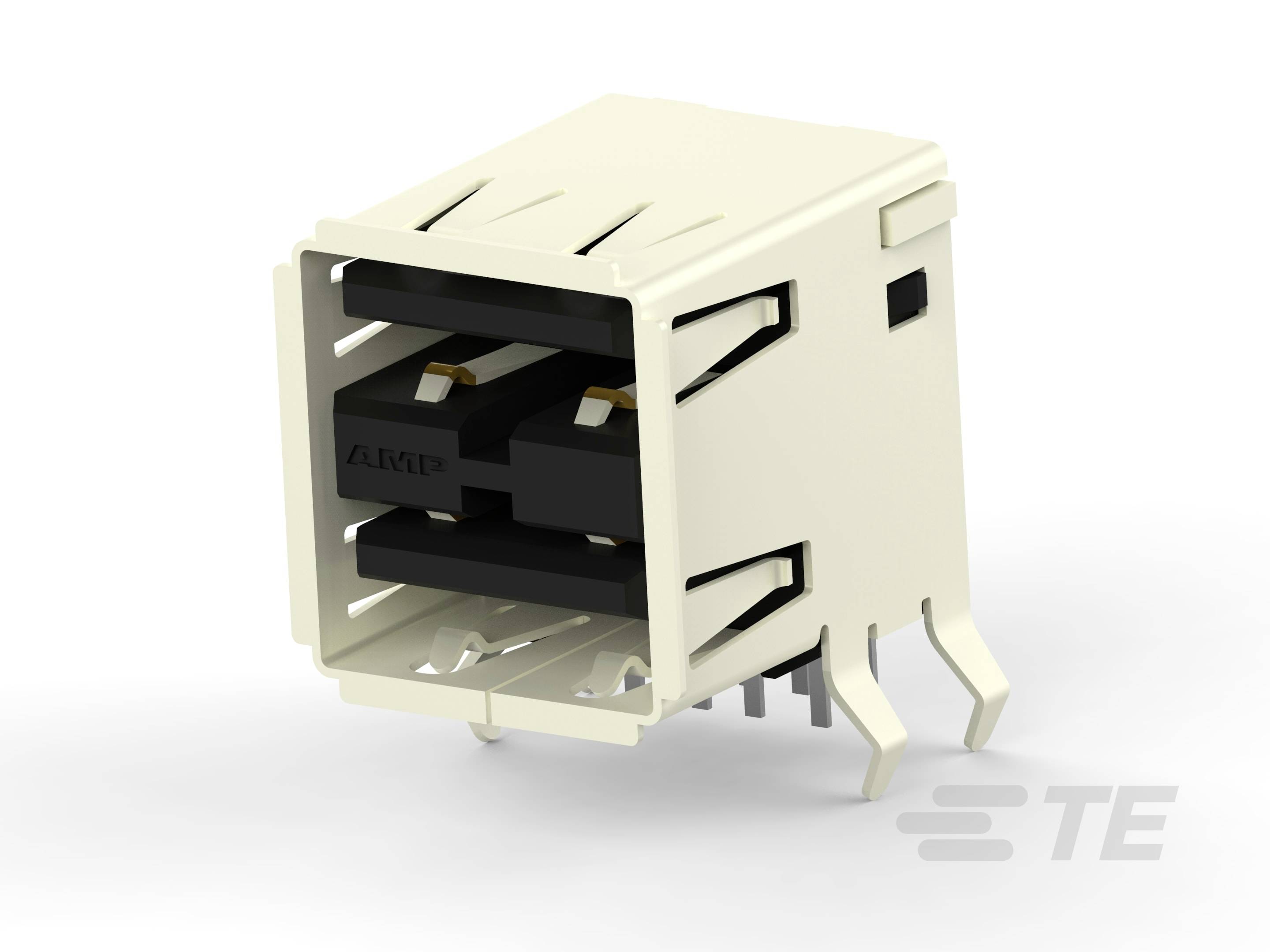 Egy fehér, téglalap alakú elektronikai csatlakozó több érintkezővel és egy vállalat logójával.