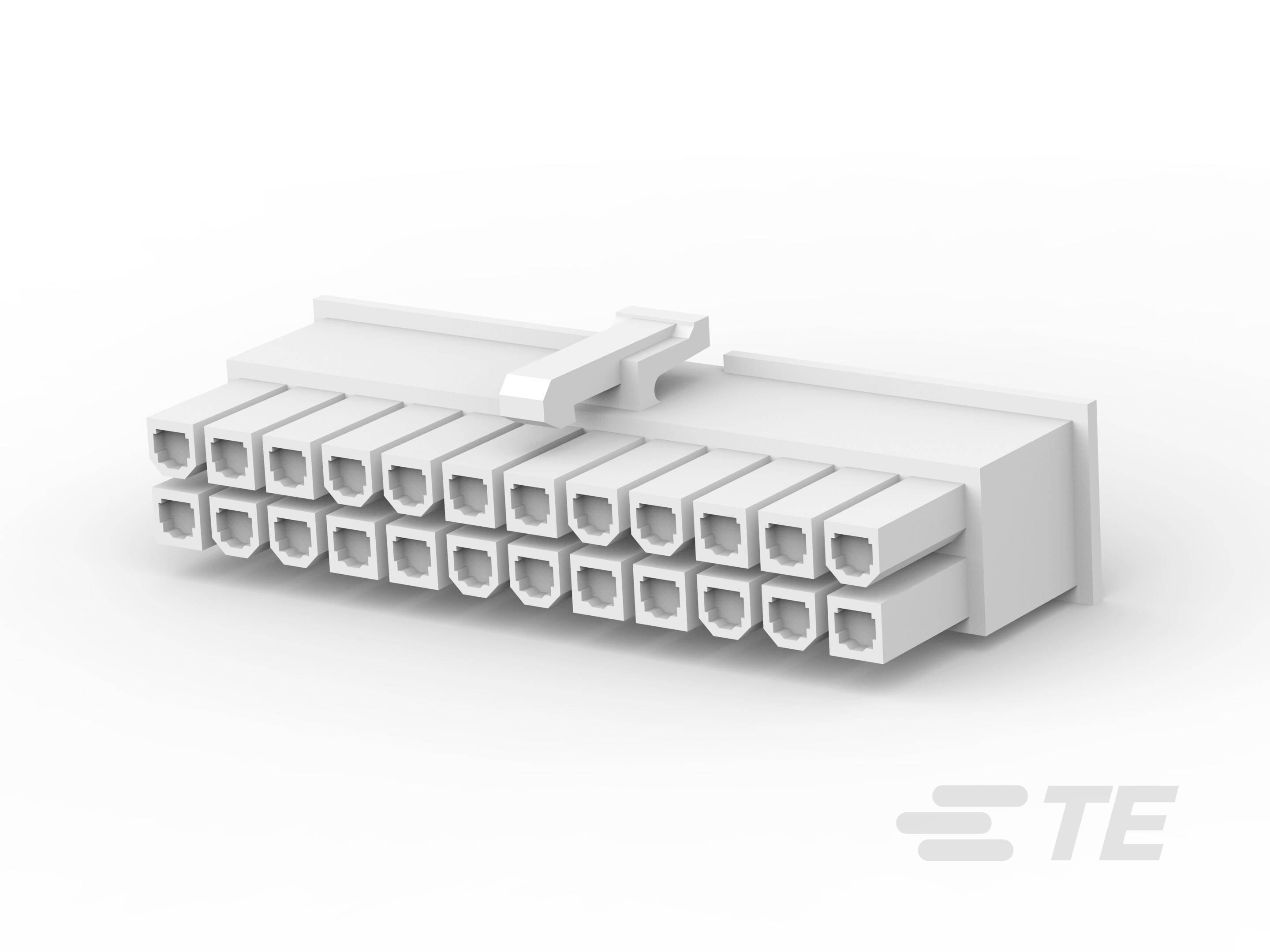 Egy fehér, téglalap alakú csatlakozó több ovális nyílással, elektronikai csatlakozásra alkalmas.