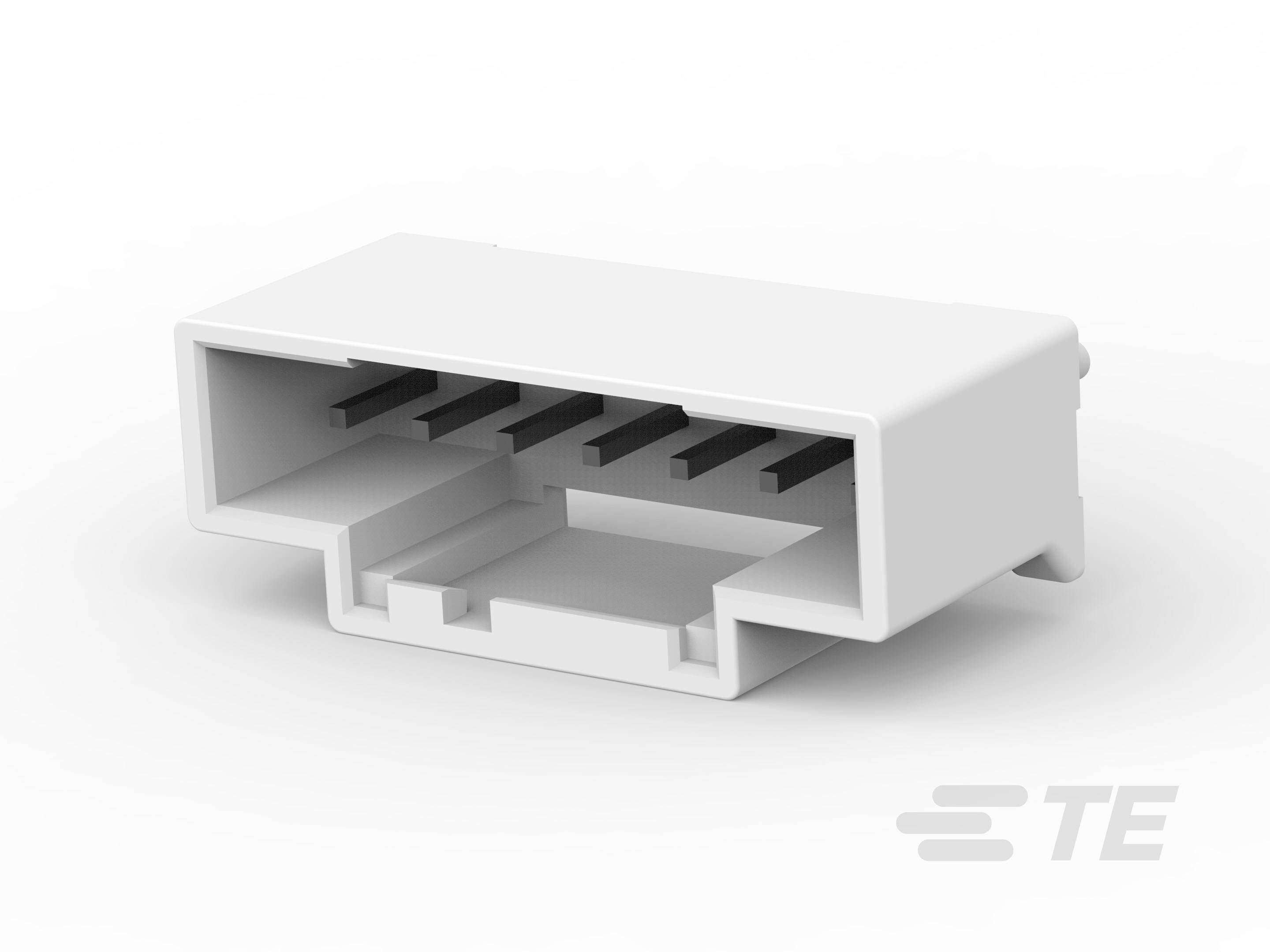 Egy fehér elektromos csatlakozó több fémérintkezővel, oldalnézetben.