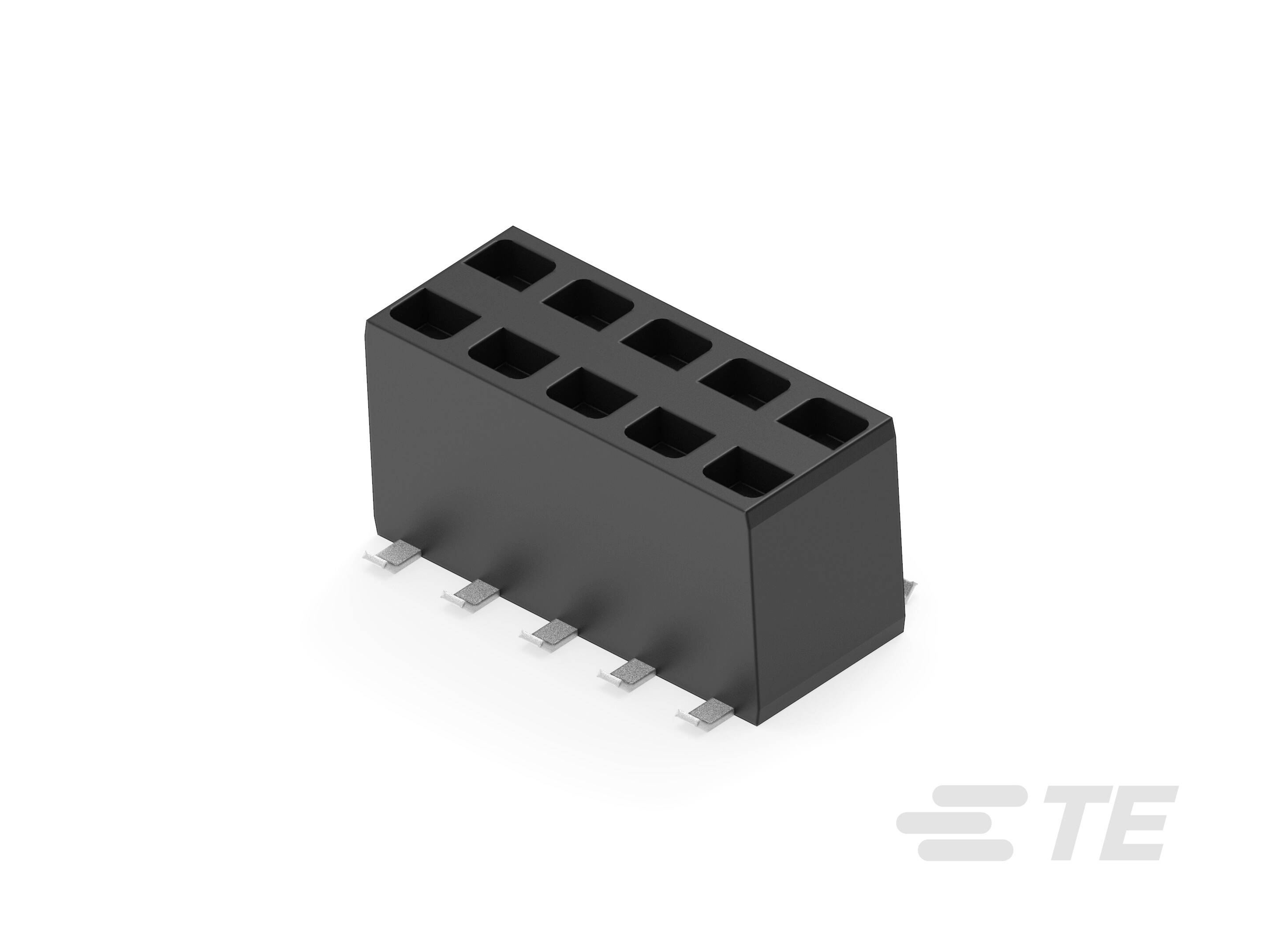 Egy fekete, téglalap alakú elektronikai csatlakozó több érintkezőpinnel az alsó felületén, amelyet a TE gyárt.