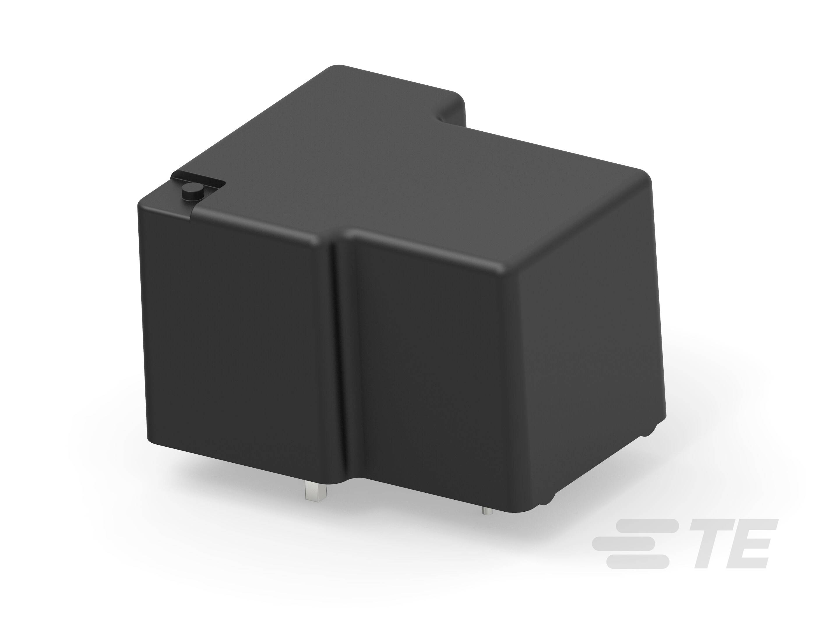 Egy fekete, téglalap alakú elektronikai alkatrész, valószínűleg egy relé, két csatlakozóval az alján.
