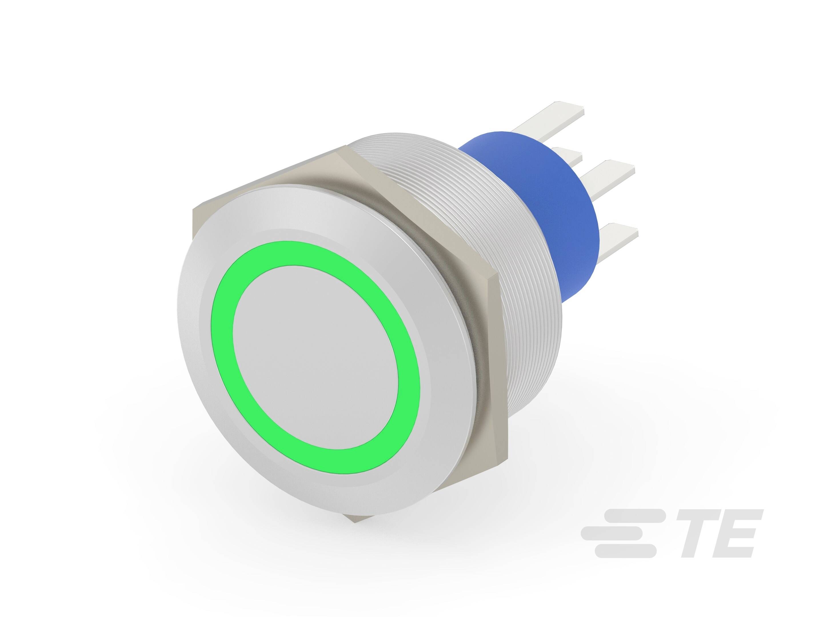 Egy kerek, ezüstszínű nyomógomb zöld LED-es fénykörrel, hátoldalán kiálló kék és fehér elektromos csatlakozókkal.