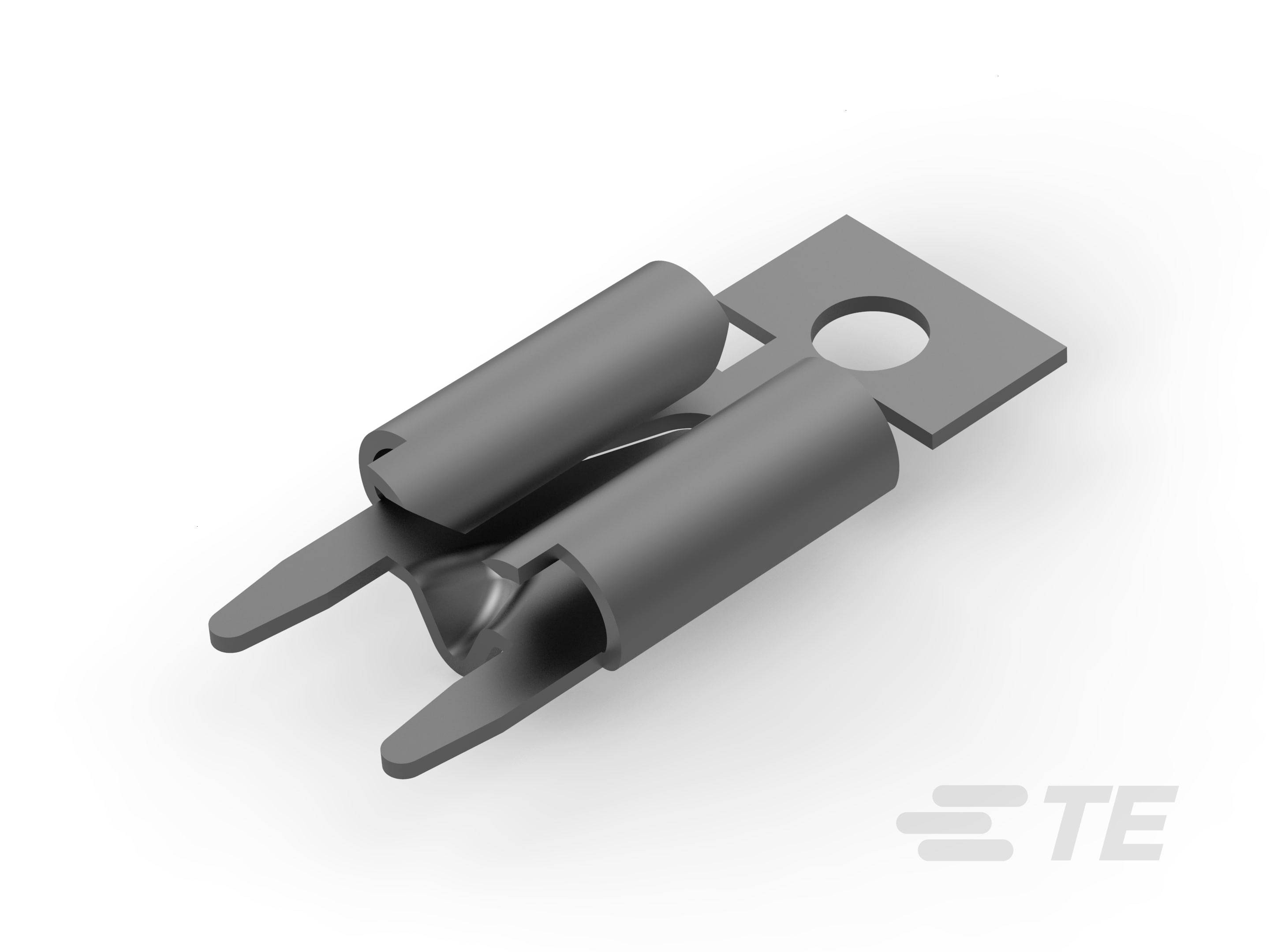 Egy fekete fémkontakt két csatlakozási nyelvvel és egy rögzítőlyukkal, a TE Connectivity gyártásából.