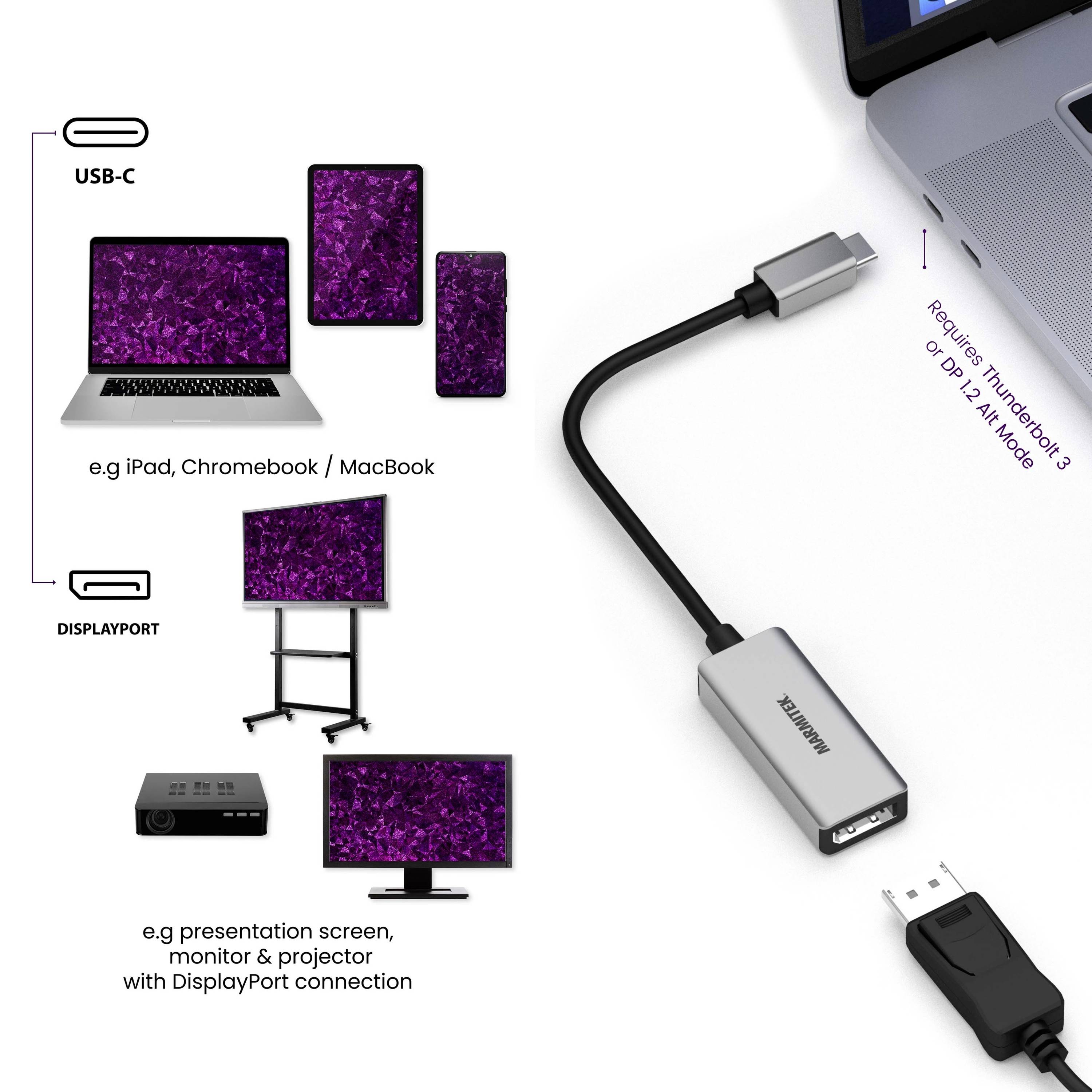 USB-C-elosztó köti össze a laptopokat kijelzőkkel DisplayPort-on keresztül, alkalmas iPad-hez, Chromebook-hoz, MacBook-hoz. Támogatja a projektorokat és monitorokat.