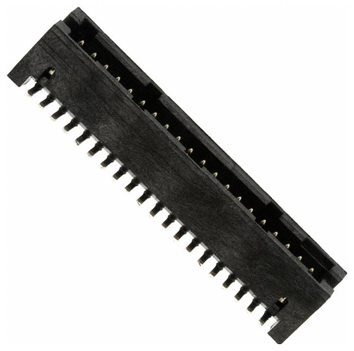 Fekete téglalap alakú elektronikus csatlakozó, mindkét oldalán több fém érintkezővel, nyomtatott áramköri lapok csatlakoztatására használt.