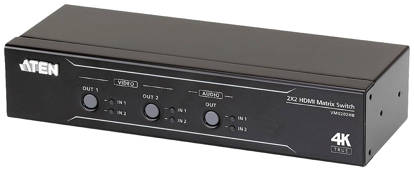 Fekete 2x2 HDMI mátrix kapcsoló négy gombbal az elején, amelyek 'KI 1', 'KI 2', 'BE 1', 'BE 2' felirattal vannak ellátva. 4K támogatással.