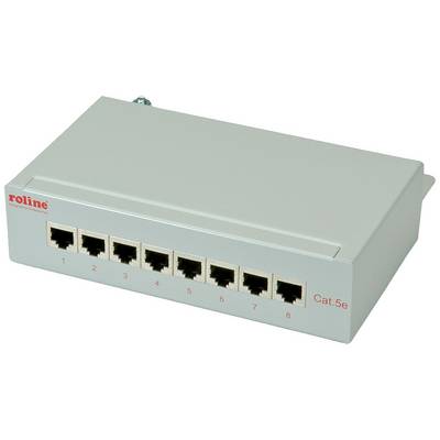 Egy szürke hálózati switch nyolc Ethernet-porttal, 1-től 8-ig számozva, egy 'roline Cat.5e' feliratú házban.