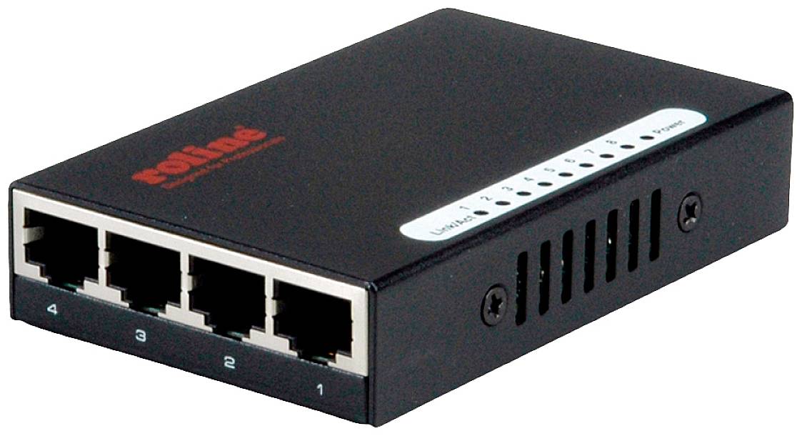Egy fekete hálózati switch négy Ethernet-porttal az elején és állapotjelző LED-ekkel felül.
