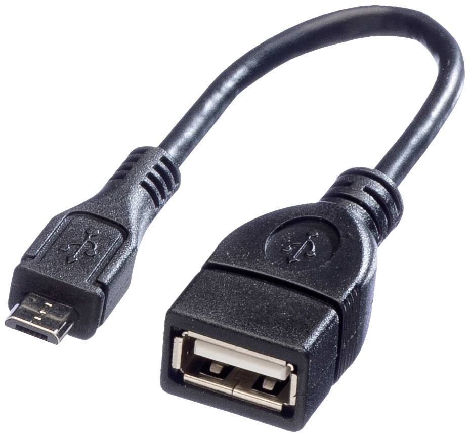 Egy fekete USB-adapter kábel, amelynek egyik végén egy micro-USB dugasz, a másik végén egy USB-A aljzat található, eszközök csatlakoztatására használatos.