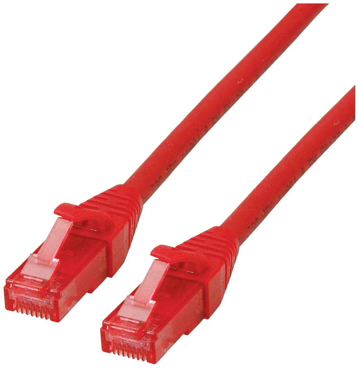 Egy piros Ethernet-kábel két RJ45 csatlakozóval.