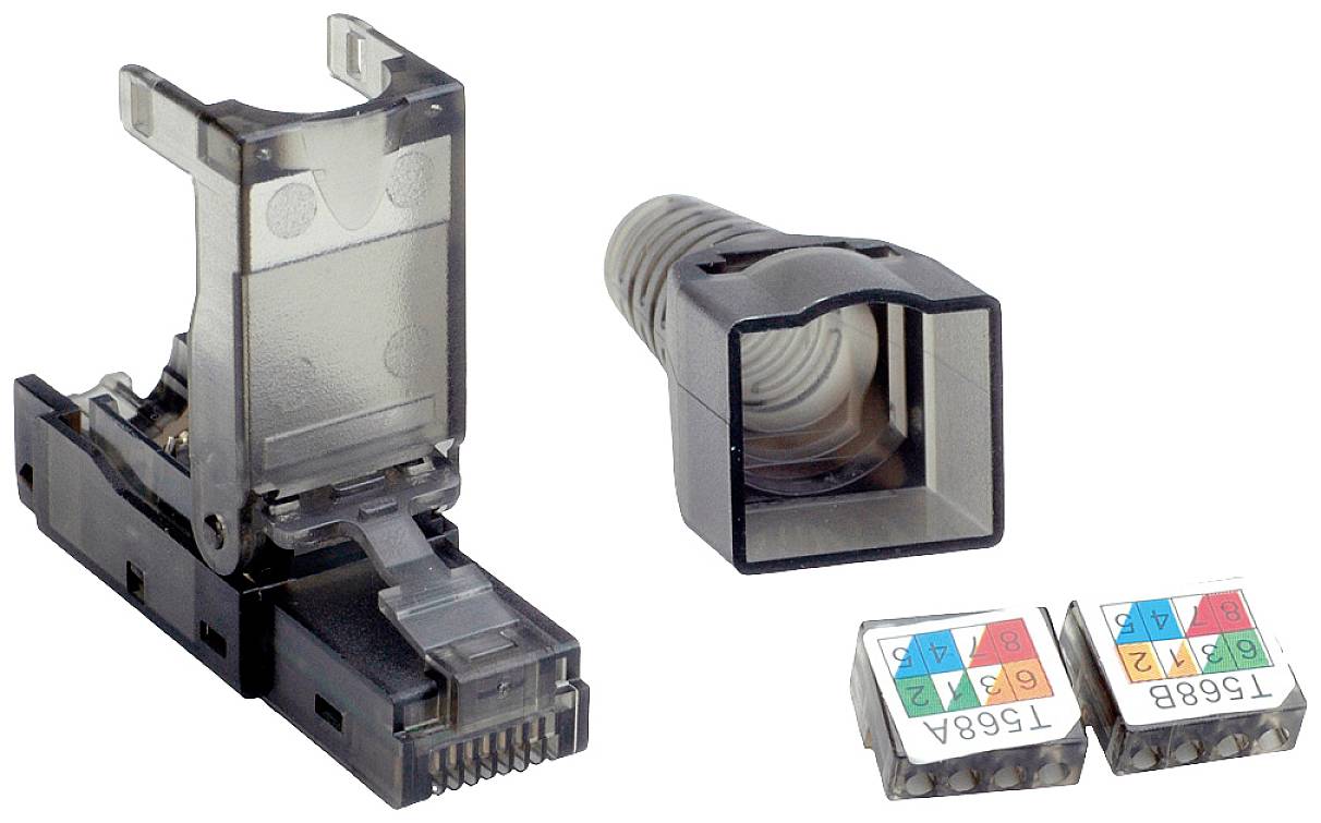 Egy Ethernet RJ45 csatlakozó készlet fedéllel és két színkódolt betéttel a kábelek rendezéséhez.