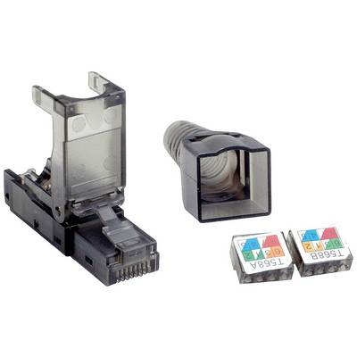 Egy Ethernet RJ45 csatlakozó készlet fedéllel és két színkódolt betéttel a kábelek rendezéséhez.