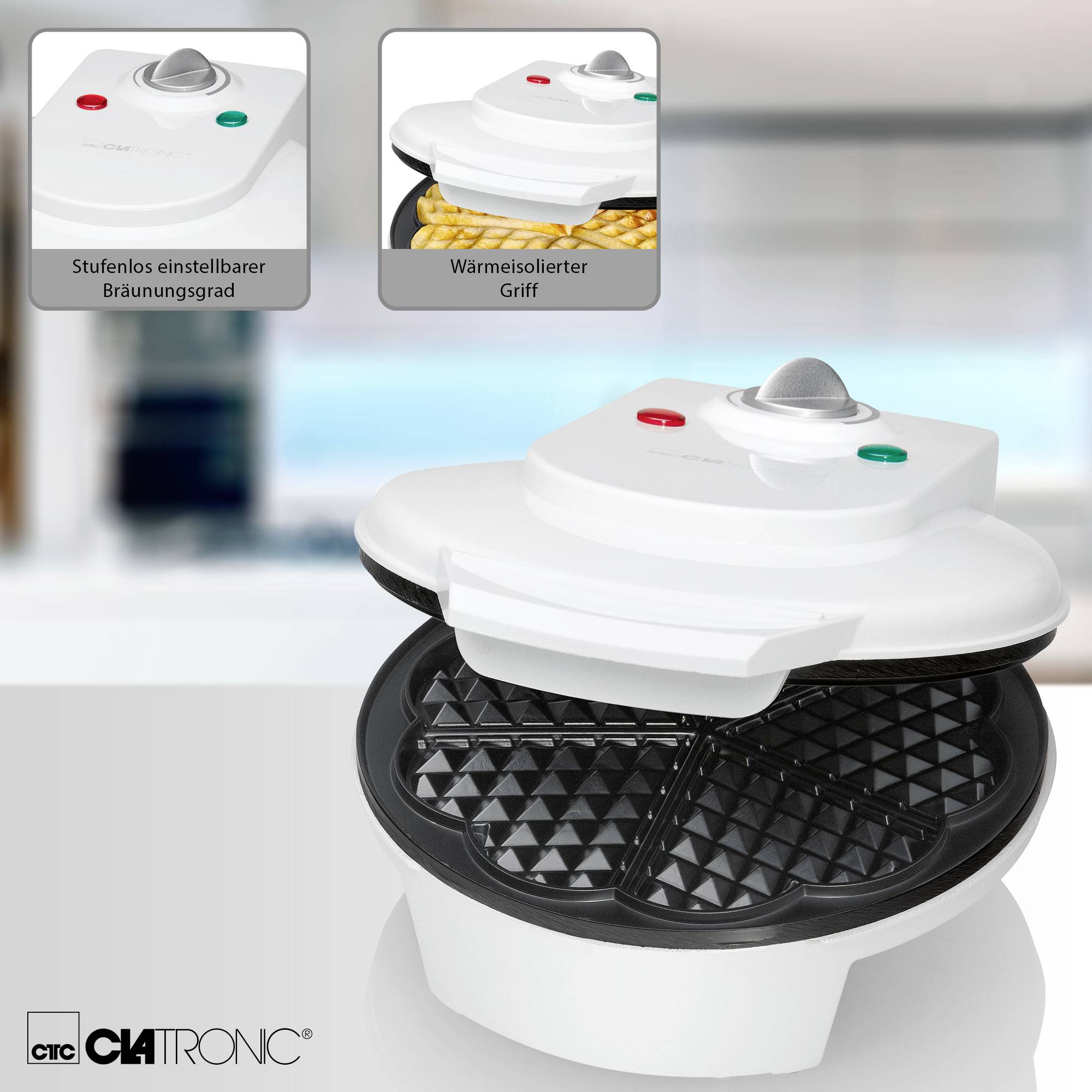 Gofrisütő fokozatmentesen állítható barnítási fokozattal és hőszigetelt fogantyúval, alkalmas ropogós gofrik elkészítéséhez.