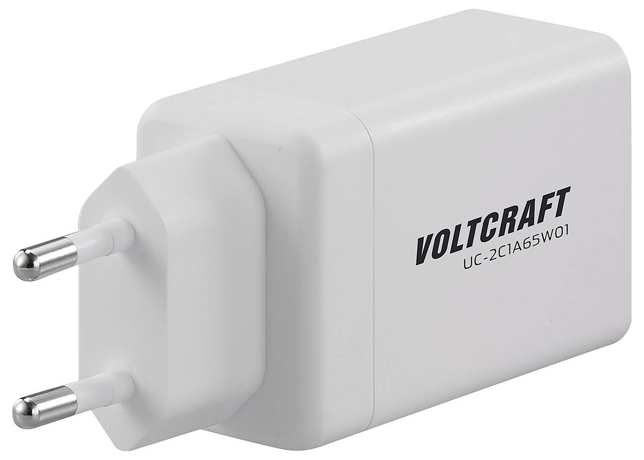 Voltcraft márkájú fehér töltő, UC-2C1A65W01 típus, két csatlakozóval az áramellátáshoz.