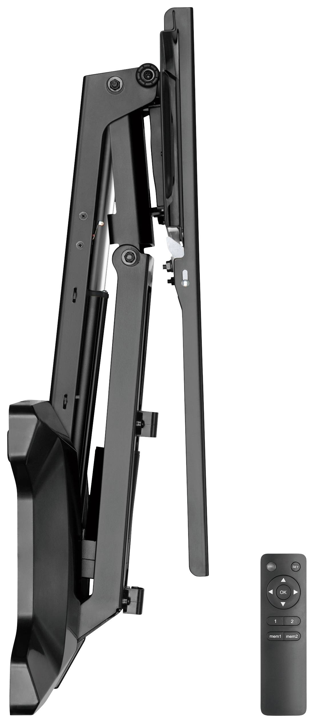 Egy oldalra szerelhető, dönthető fali tartó televízióhoz. Mellette egy szabványos gombokkal ellátott távirányító fekszik.
