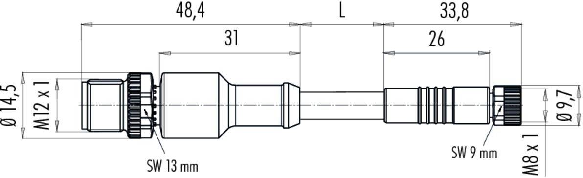 Műszaki rajz egy kábel adapterről méretekkel milliméterben. M12 x 1 és M8 x 1 átmérővel, 48,4 mm és 33,8 mm hosszúságban.