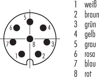 '8 érintkezős csatlakozó diagramja 1-től 8-ig terjedő számokkal. A számok a következő színekhez vannak rendelve: fehér, barna, zöld, sárga, szürke, rózsaszín, kék, piros.'