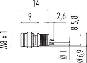 Műszaki rajz egy csatlakozóról méretekkel: hosszúság 14 mm, átmérő 5,8 mm. Menet M8 x 1, teljes hossz 9 mm.