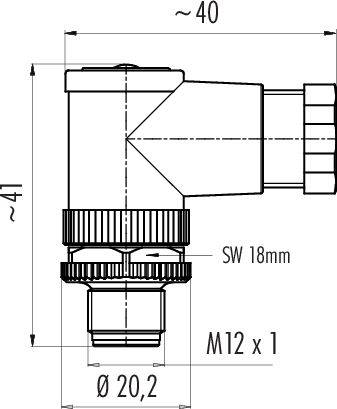 Műszaki rajz egy könyök csatlakozóról méretekkel: magasság kb. 41 mm, szélesség kb. 40 mm, menet M12 x 1, kulcsméret 18 mm, átmérő 20,2 mm.