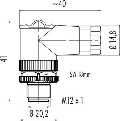 Egy csatlakozó rajza a következő méretekkel: hosszúság kb. 40 mm, átmérő 20,2 mm, csatlakozási átmérő 14,8 mm, kulcsméret 18 mm, M12 x 1 menet.