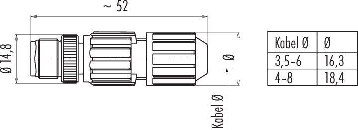 Műszaki rajz egy kábel csatlakozóról méretekkel: hosszúság kb. 52 mm, átmérő 14,8 mm. A táblázat kábel átmérőket mutat 3,5-6 mm és 4-8 mm között.