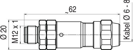 Műszaki rajz egy kábel csatlakozóról méretekkel: ø20 mm, M12x1 menet, hosszúság ~62 mm, alkalmas ø 6-8 mm átmérőjű kábelekhez.